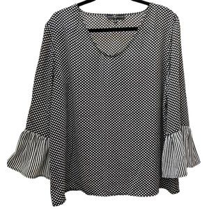 Fred David Polka Dot Blouse with Striped Bell Sleeves XL